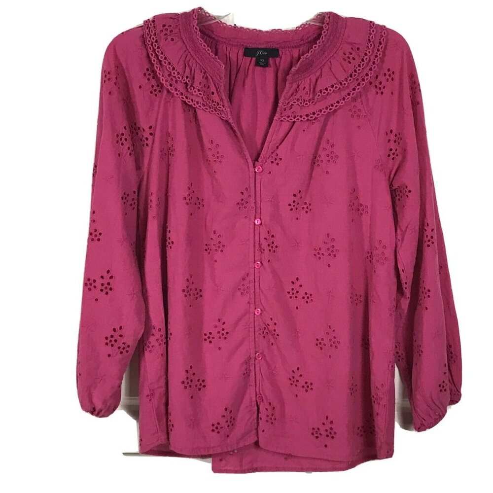 J Crew Womens Size XS Style AF449 Pink Eyelet Ruffled Collar Button Front Top